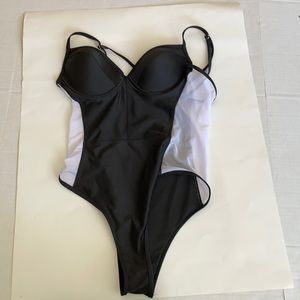 Shein black off white mesh one piece swimsuit L